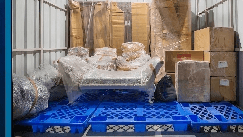 Furniture wrapped and staged for storage